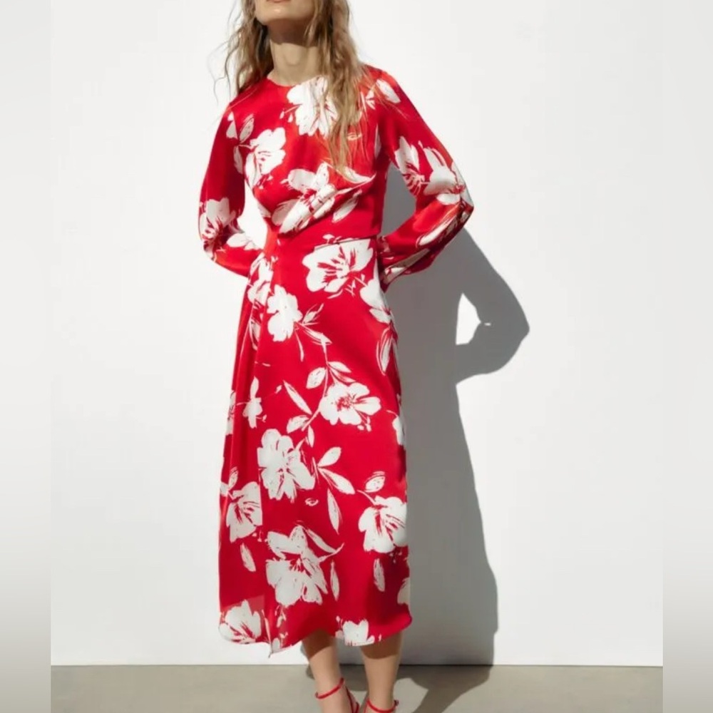 Zara Red Floral Long Sleeve Dress